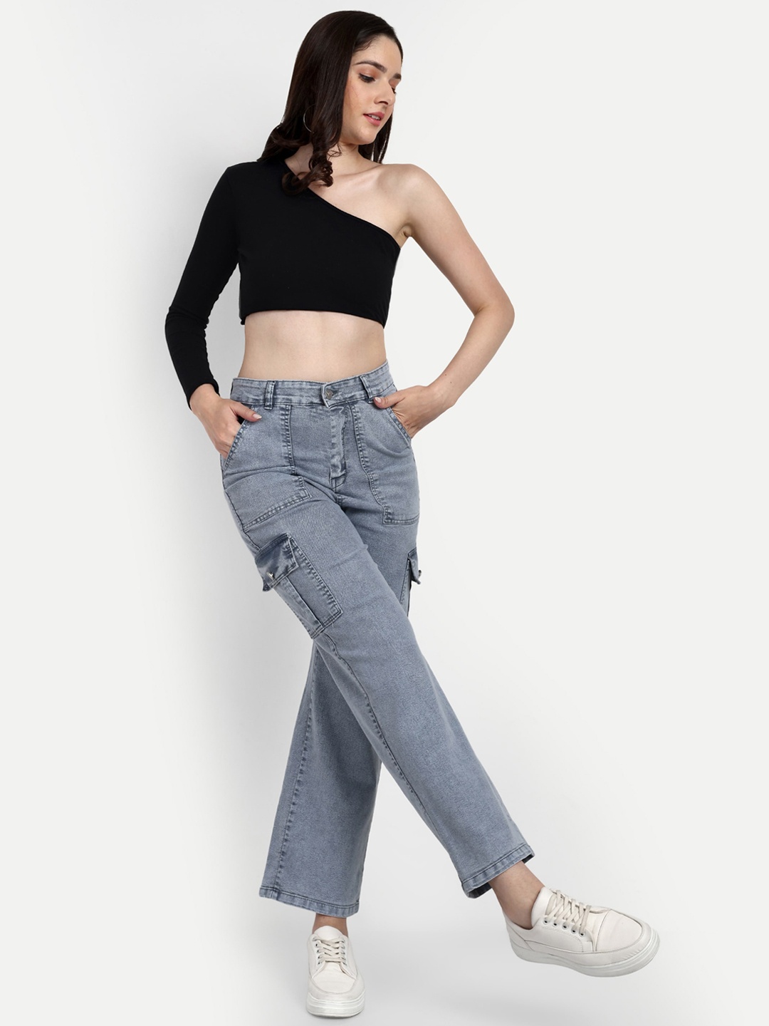 

Next One Women Smart High-Rise Mildly Distressed Light Fade Stretchable Cotton Jeans, Grey