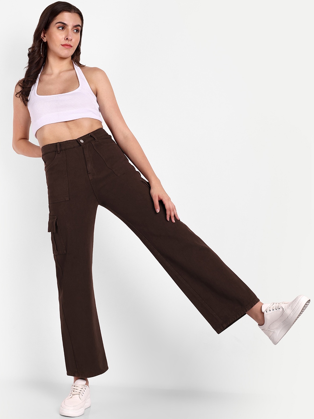 

Next One Women Smart Wide Leg High-Rise Clean Look Stretchable Jeans, Brown