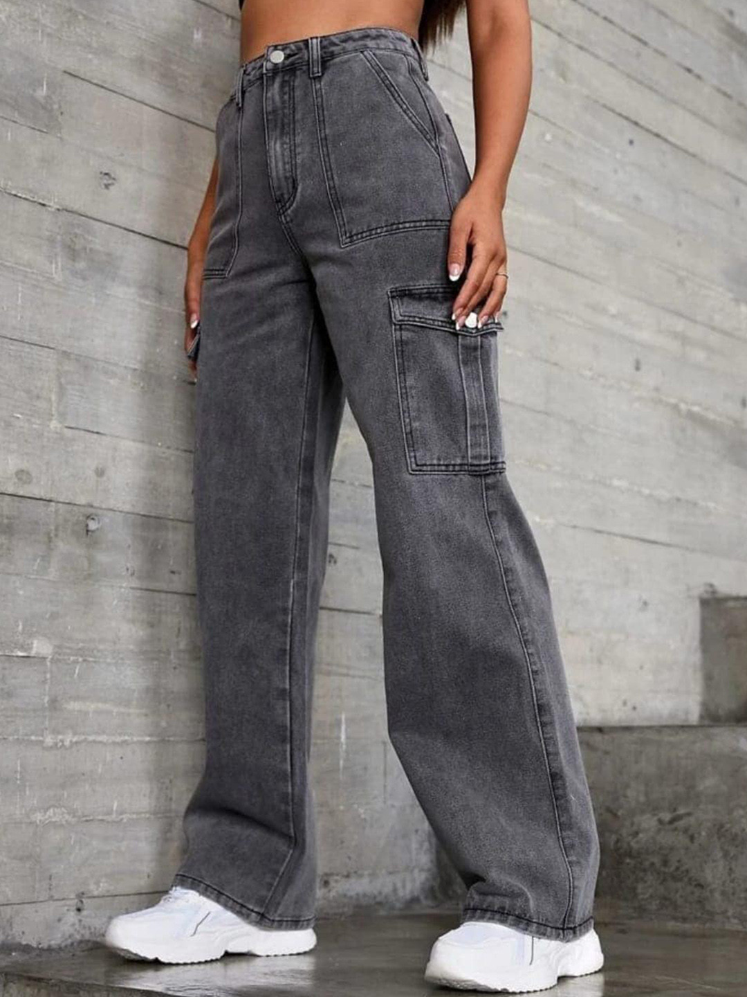 

Next One Women Smart Wide Leg High-Rise Heavy Fade Stretchable Jeans, Grey