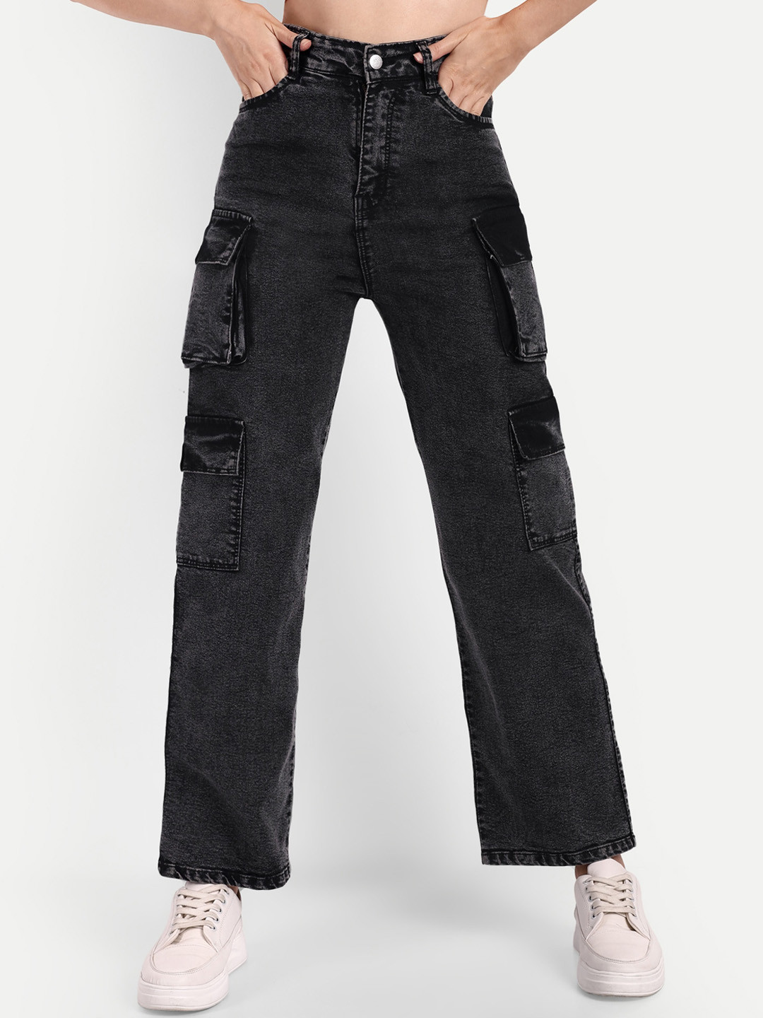 

Next One Women Smart Wide Leg High-Rise Clean Look Stretchable Cargo Jeans, Black