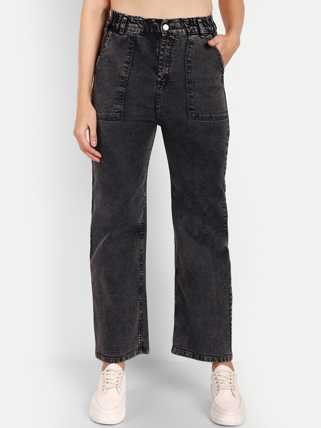 

Next One Women Smart Wide Leg High-Rise Light Fade Stretchable Jeans, Black