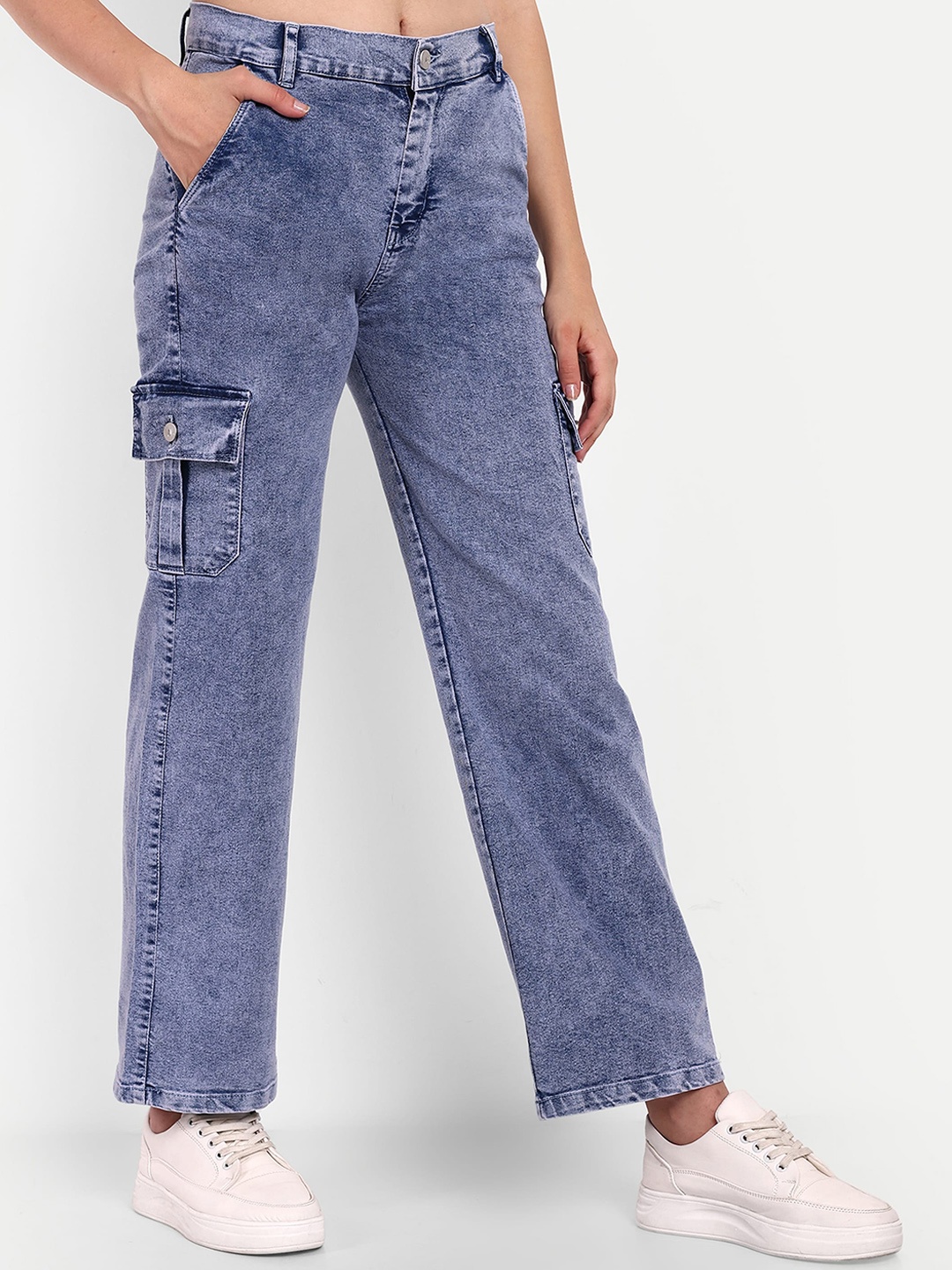 

Next One Women Smart Wide Leg High-Rise Heavy Fade Stretchable Jeans, Navy blue