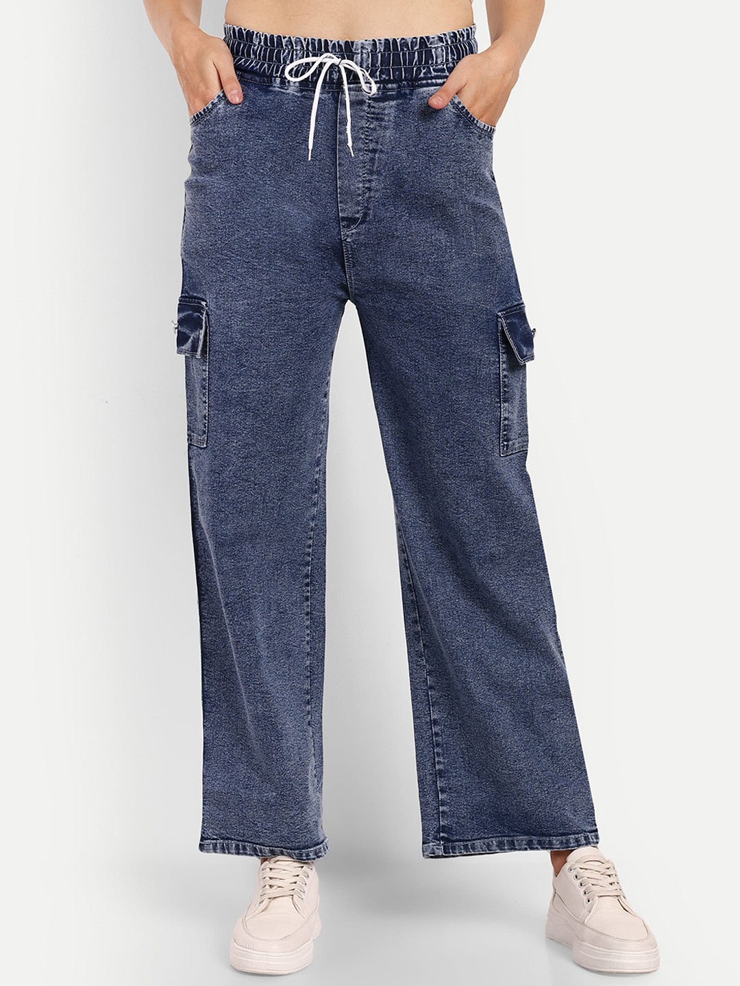 

Next One Women Smart Wide Leg High-Rise Clean Look Cotton Stretchable Cargos, Blue