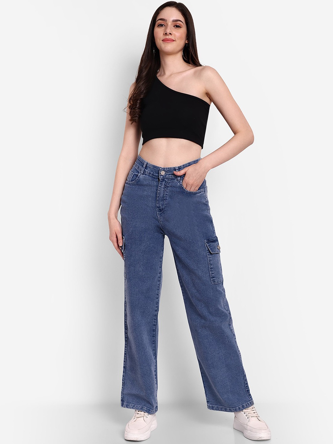 

Next One Women Smart Wide Leg High-Rise Clean Look Cotton Stretchable Cargos, Blue