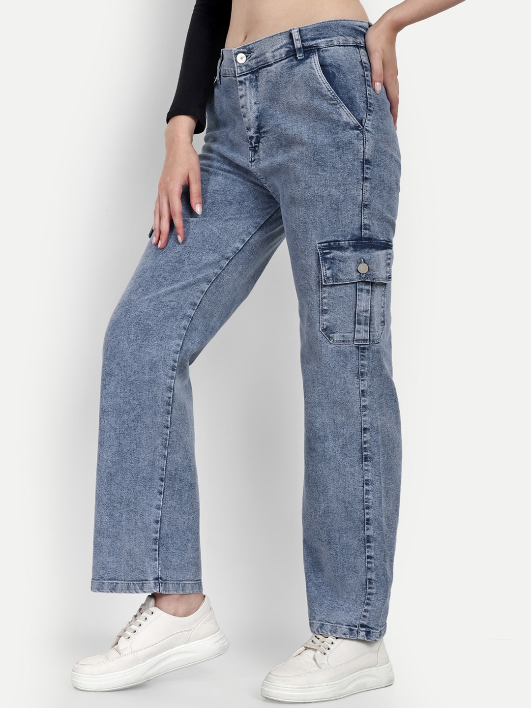 

Next One Women Smart Wide Leg High-Rise Clean Look Cotton Stretchable Cargos, Blue