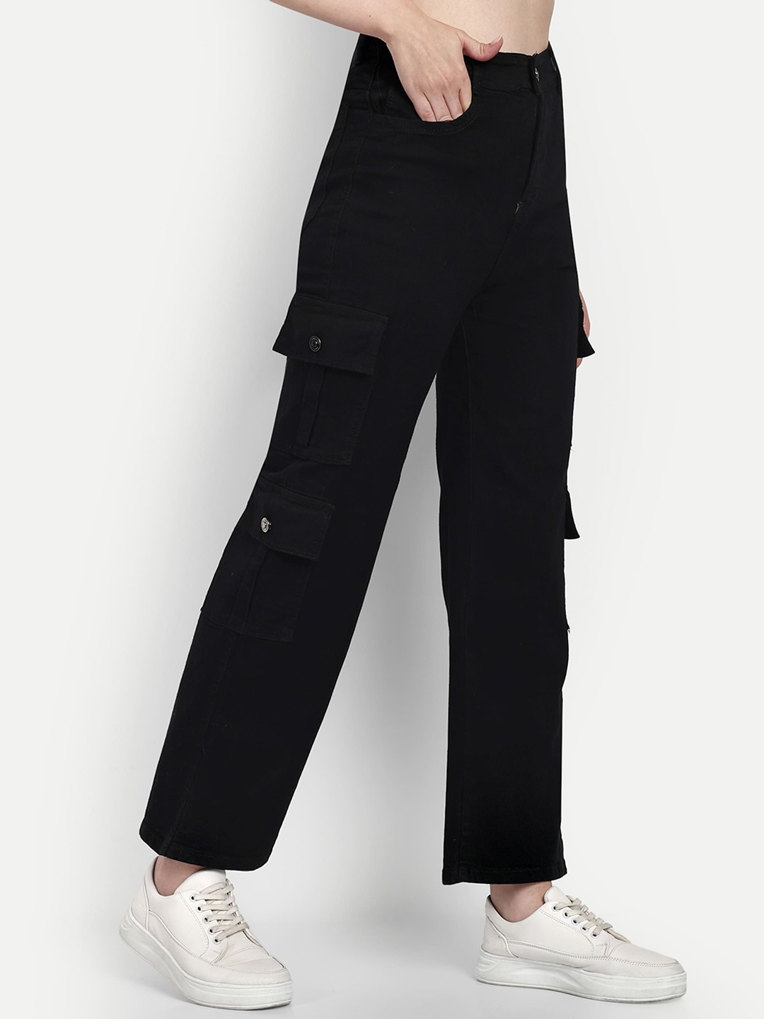 

Next One Women Smart Wide Leg High-Rise Clean Look Cotton Stretchable Cargos, Black