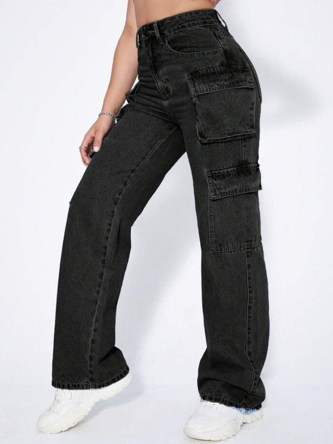 

Next One Women Smart Wide Leg High-Rise Light Fade Stretchable Cargo Jeans, Black