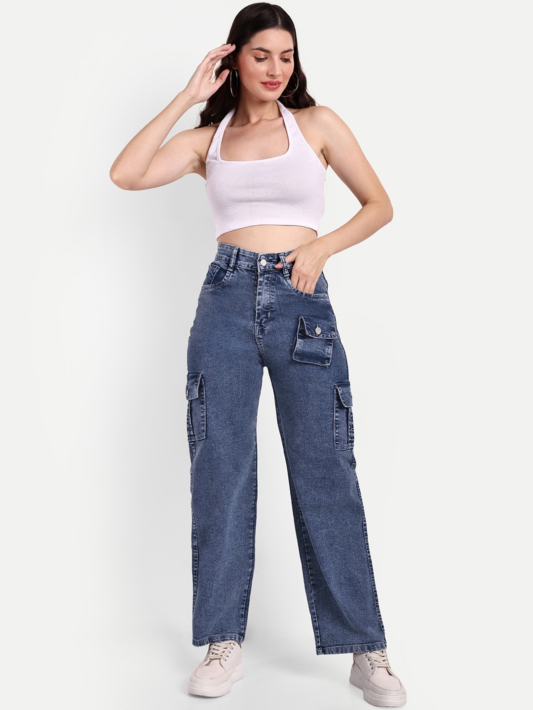 

Next One Women Smart Wide Leg High-Rise Light Fade Stretchable Cargo Jeans, Blue