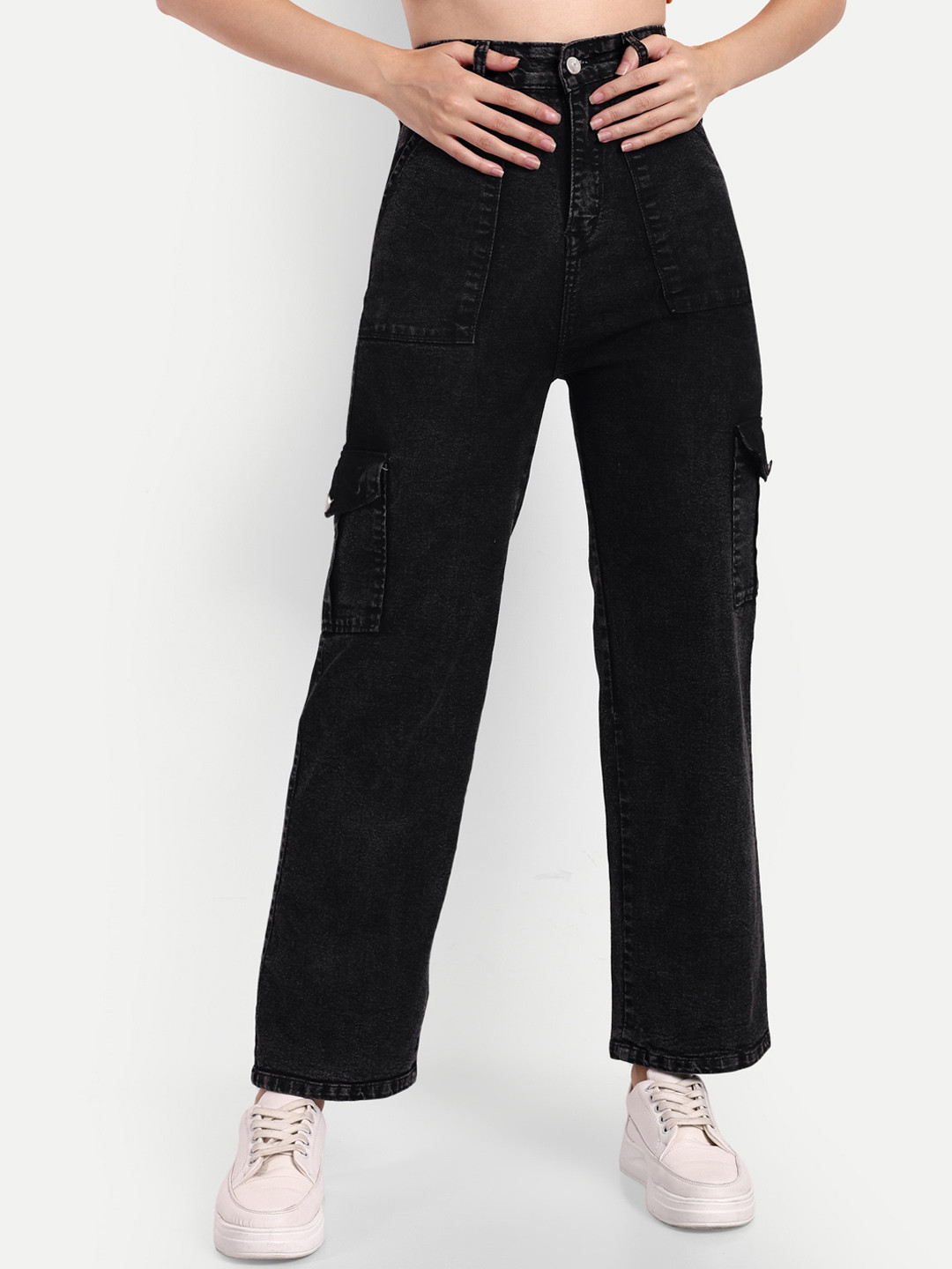

Next One Women Smart Wide Leg High-Rise Clean Look Stretchable Cargo Jeans, Black