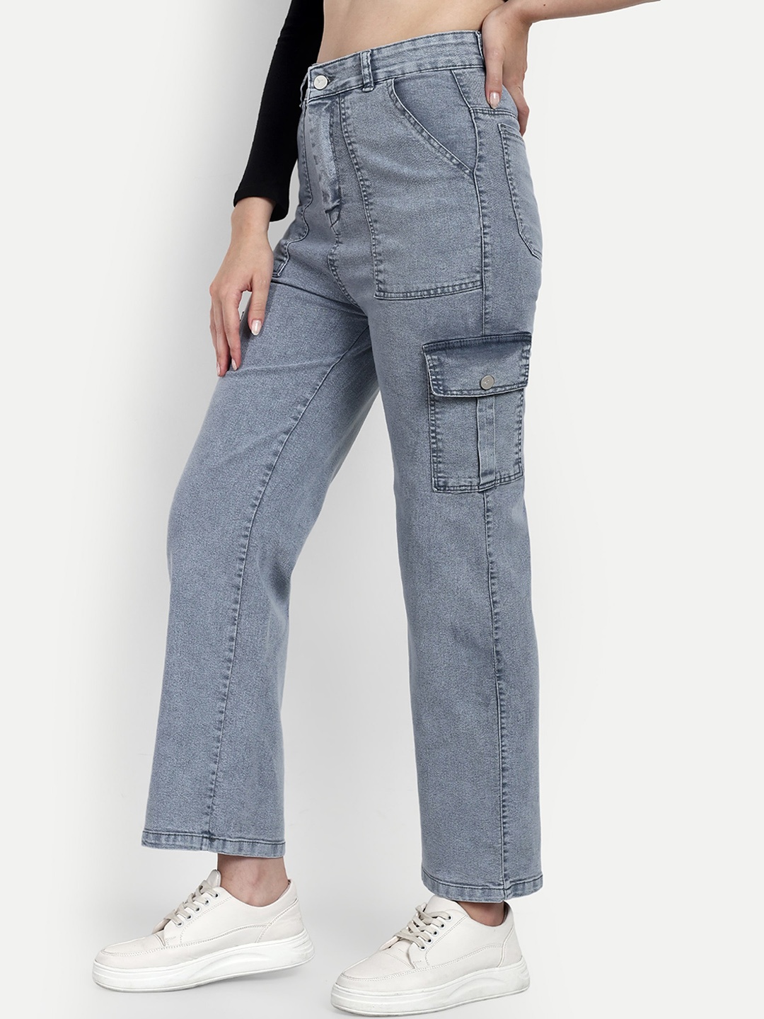 

Next One Women Smart Wide Leg High-Rise Heavy Fade Stretchable Cargo Jeans, Grey