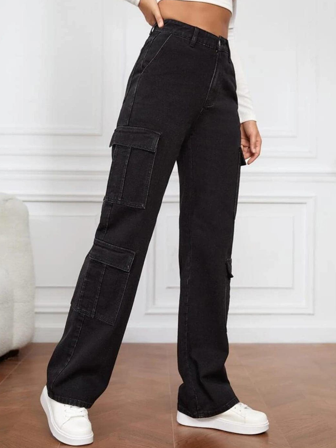 

Next One Women Smart Wide Leg High-Rise Stretchable Cargo Jeans, Black