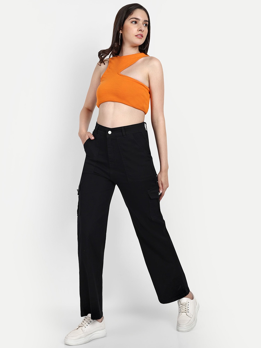 

Next One Women Smart Wide Leg High-Rise Stretchable Cargo Jeans, Black