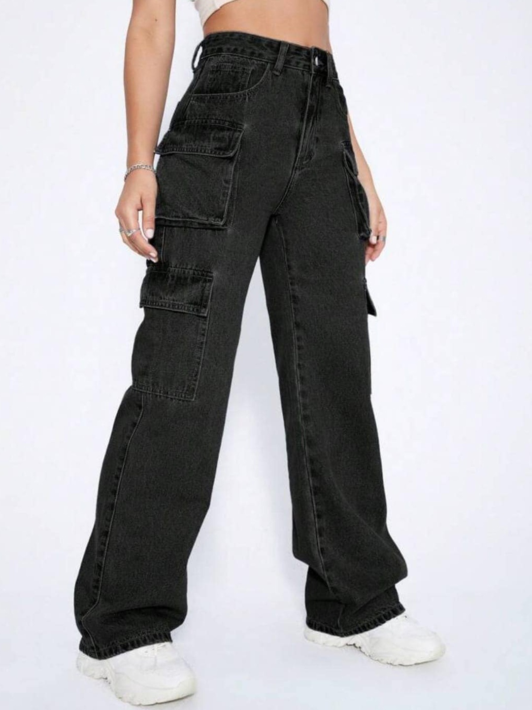 

Next One Women Smart Wide Leg High-Rise Stretchable Cargo Jeans, Black