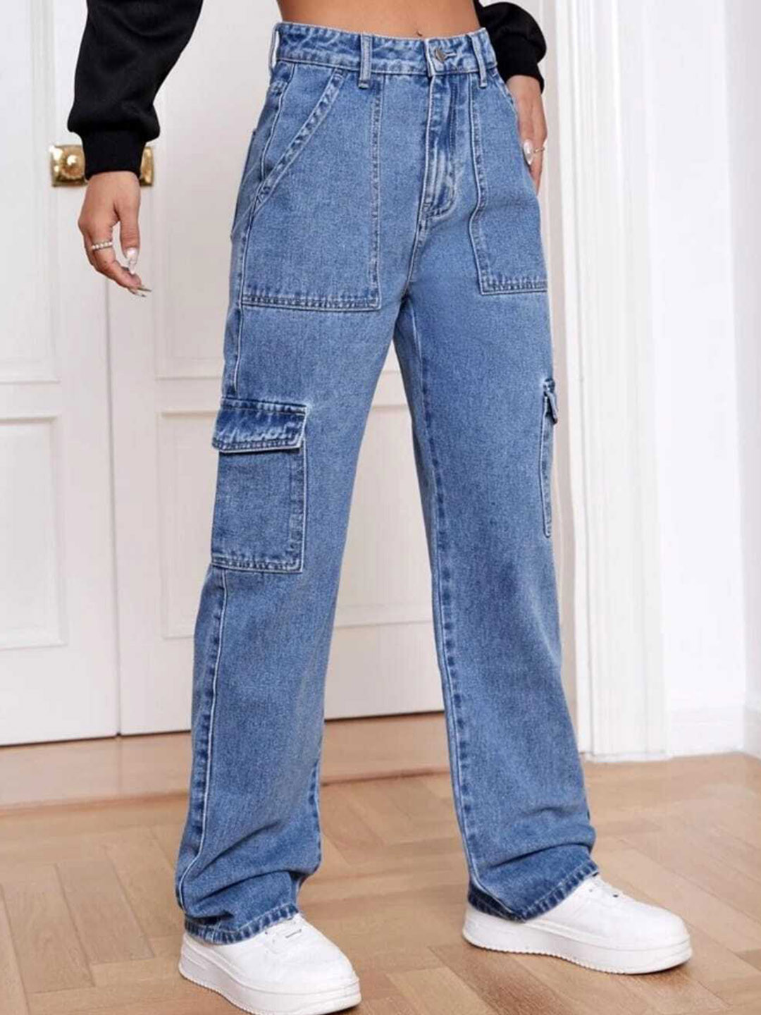

Next One Women Smart Wide Leg High-Rise Clean Look Stretchable Cargo Jeans, Blue