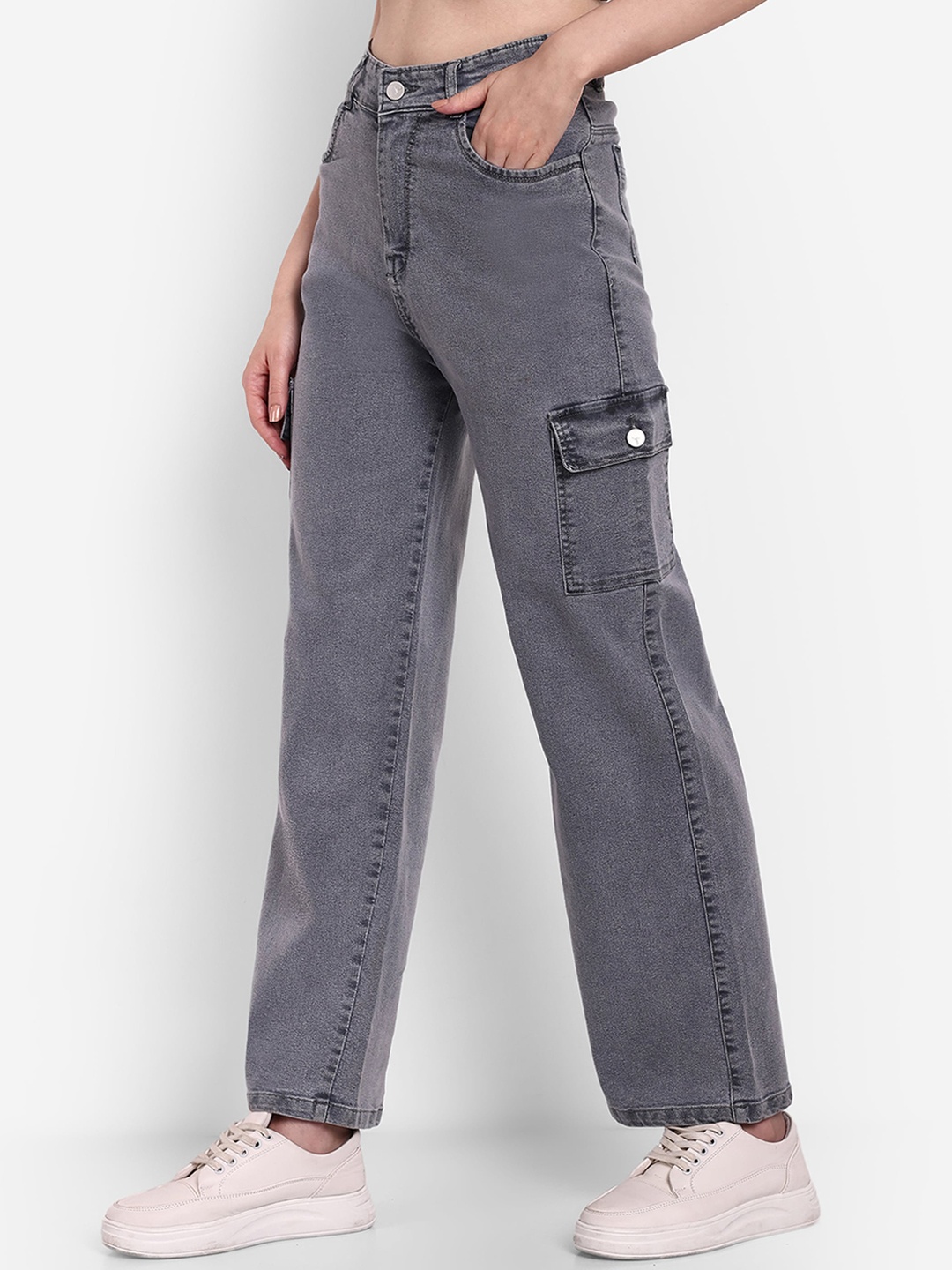 

Next One Women Smart Wide Leg High-Rise Stretchable Cargo Jeans, Grey