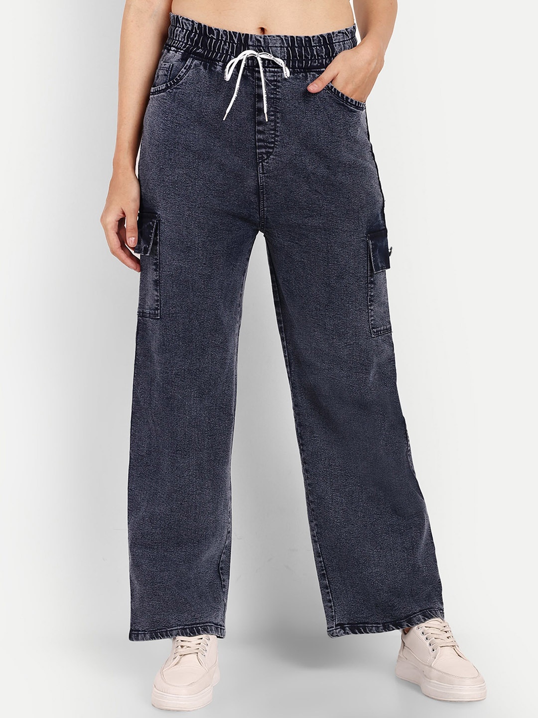 

Next One Women Smart Wide Leg High-Rise Cotton Stretchable Jeans, Navy blue