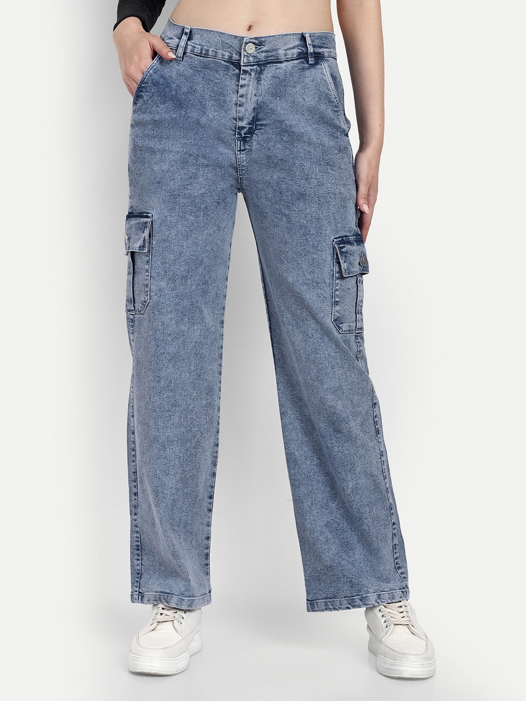 

Next One Women Smart Wide Leg High-Rise Heavy Fade Cotton Stretchable Jeans, Blue