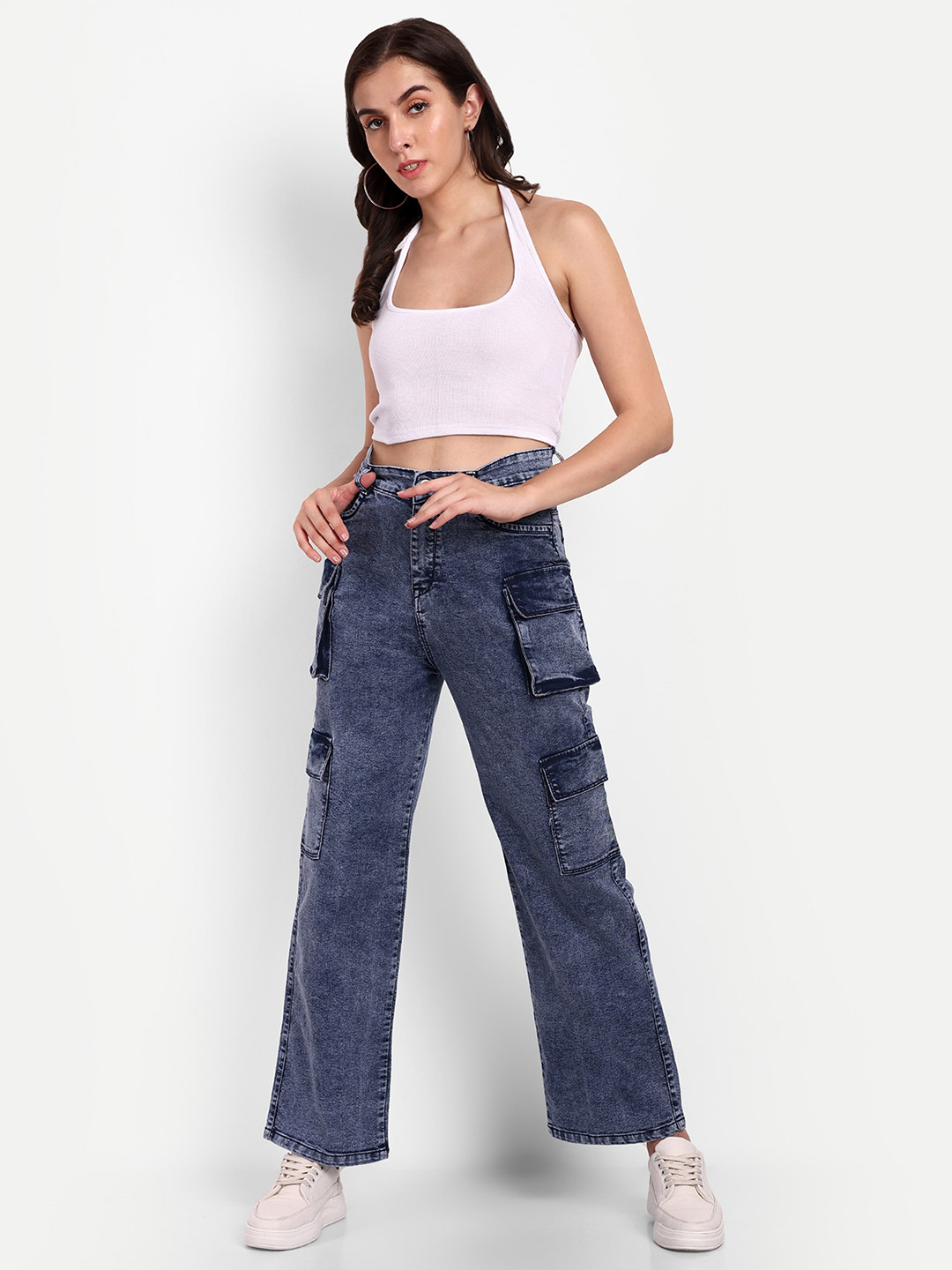 

Next One Women Smart Wide Leg High Rise Heavy Fade Clean Look Stretchable Jeans, Navy blue