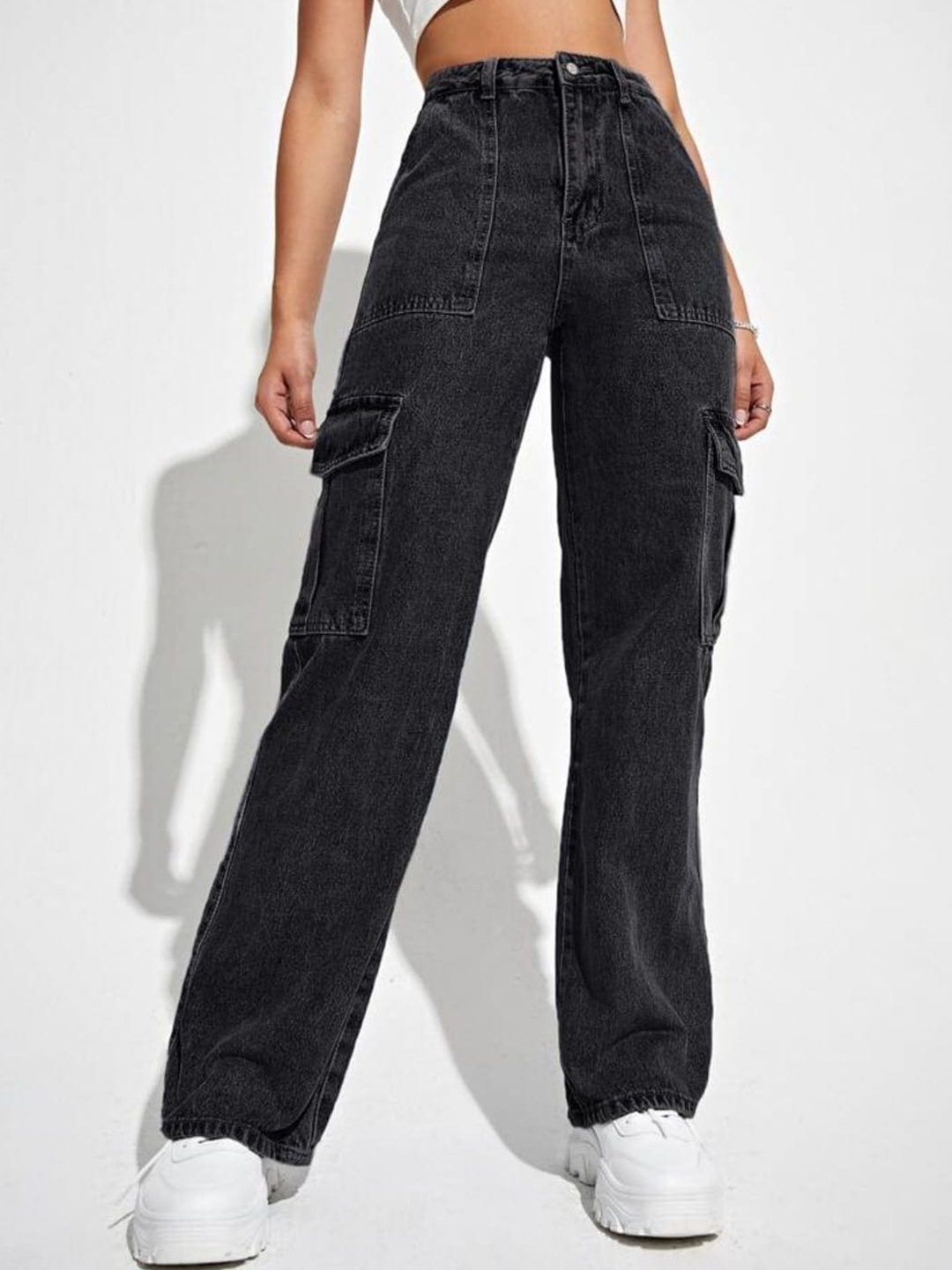 

Next One Women Smart Wide Leg High-Rise Mildly Distressed Stretchable Jeans, Black