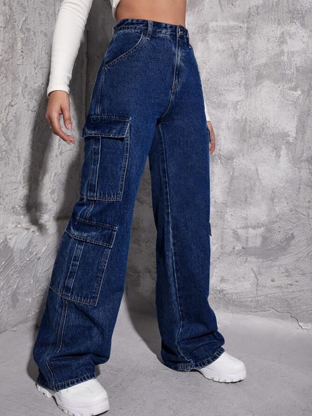 

Next One Women Smart Wide Leg High-Rise Highly Distressed Stretchable Jeans, Blue