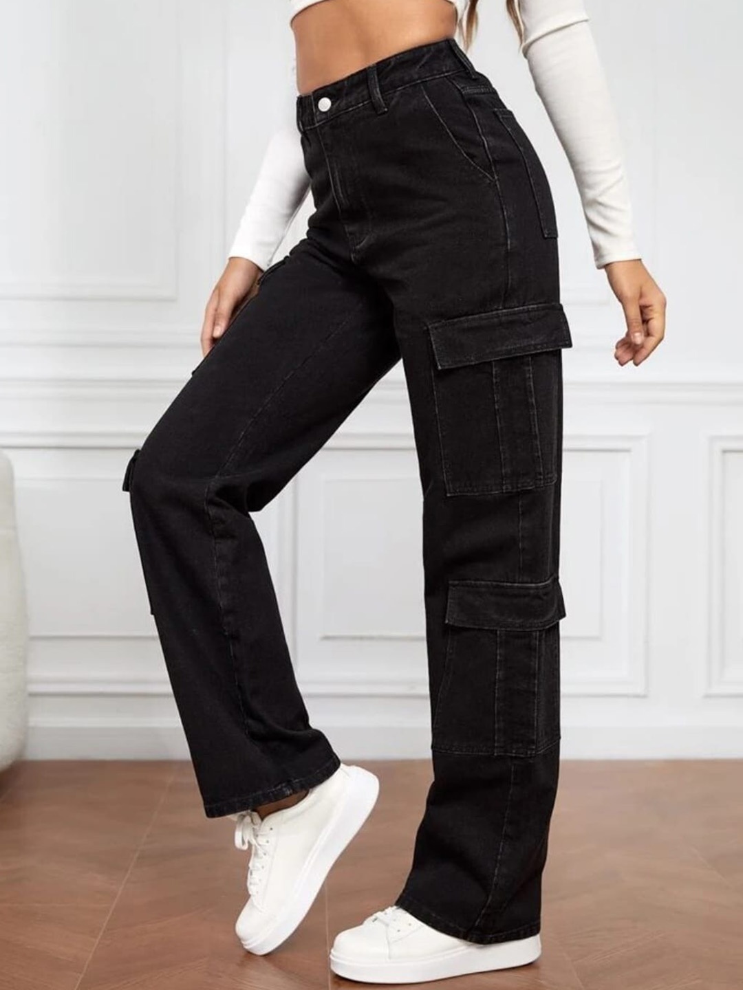

Next One Women Smart Wide Leg High-Rise Slash Knee Stretchable Jeans, Black