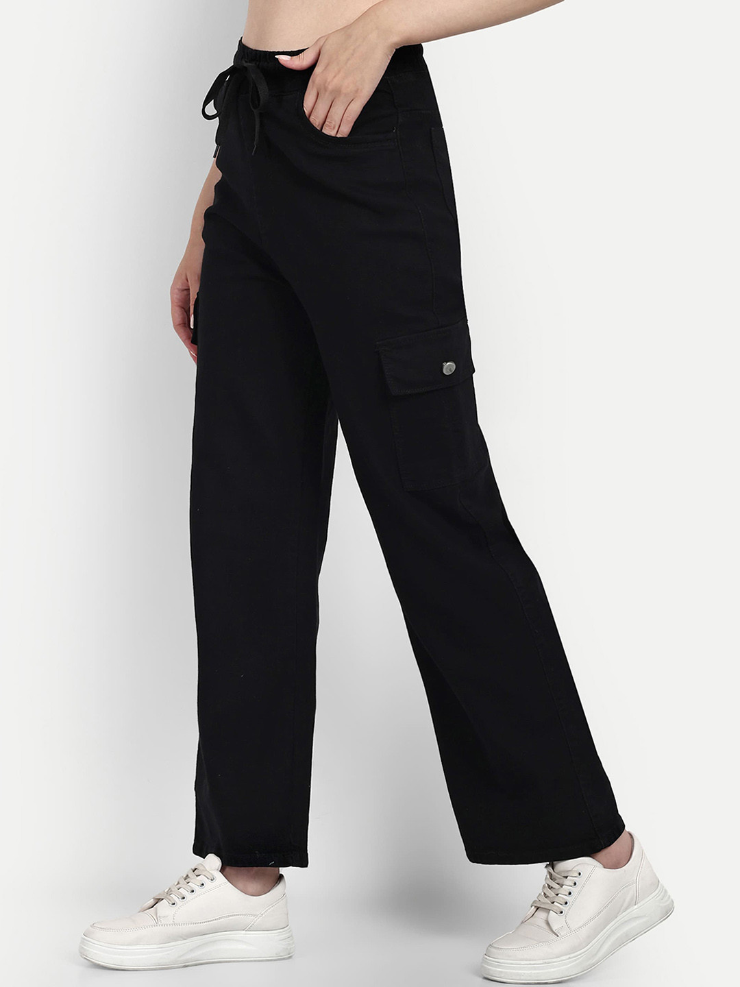 

Next One Women Black Smart Wide Leg High-Rise Clean Look Stretchable Jeans