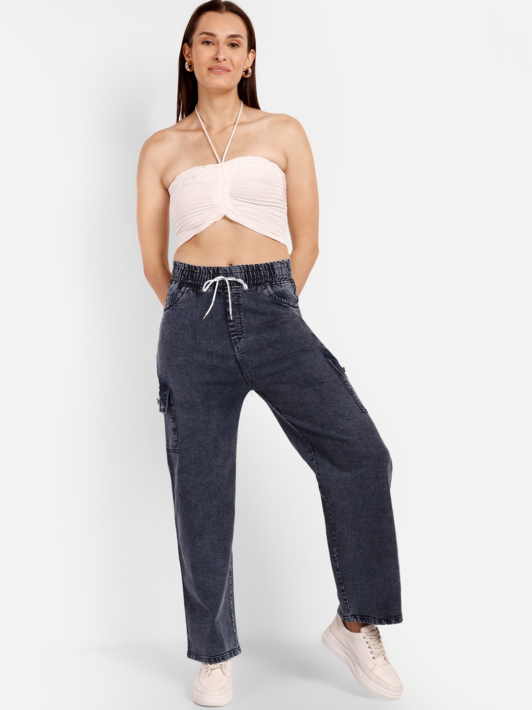 

Next One Women Smart Wide Leg High-Rise Stretchable Cargo Jeans, Navy blue