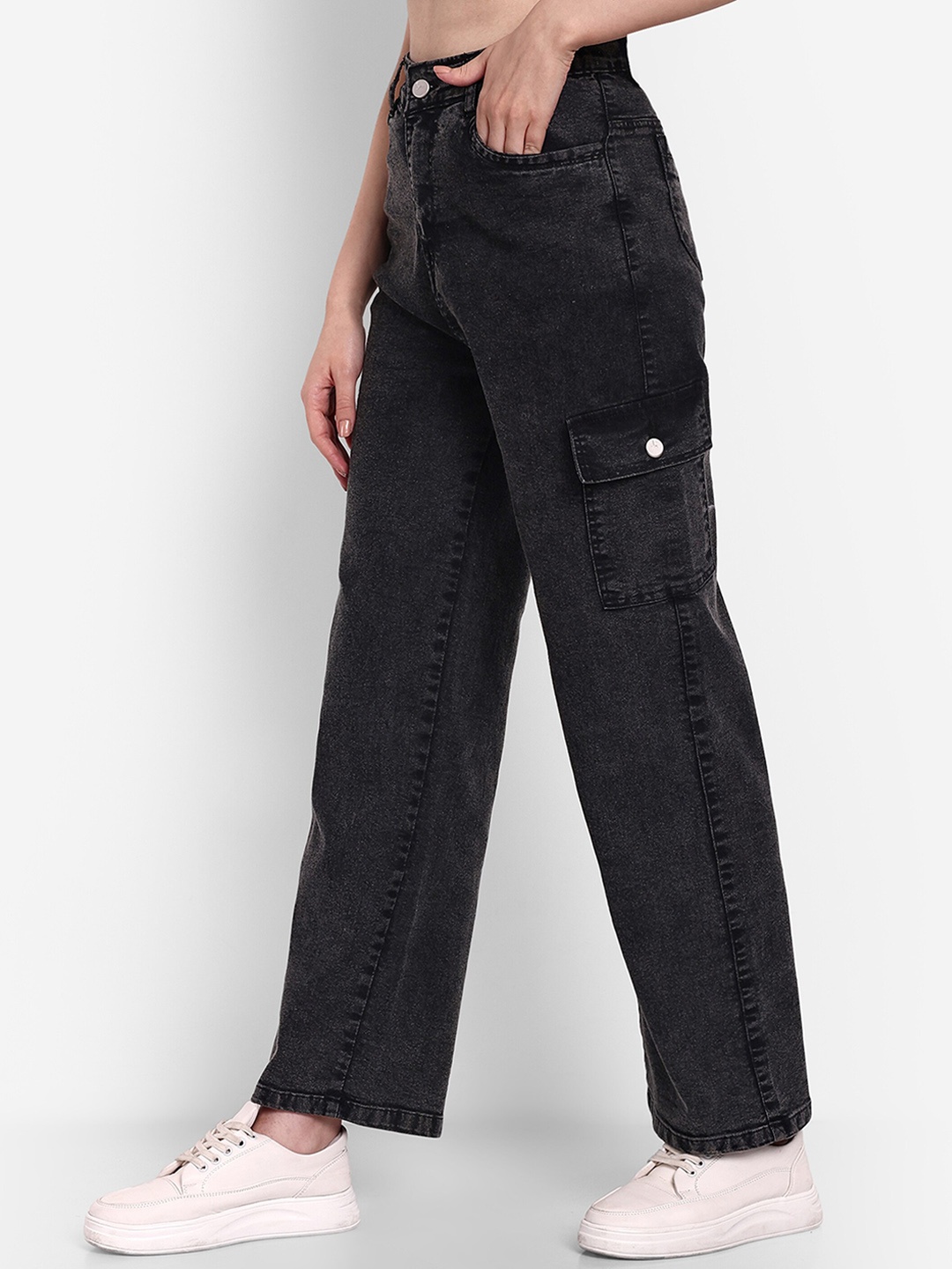 

Next One Women Smart Wide Leg High-Rise Stretchable Cargo Jeans, Black