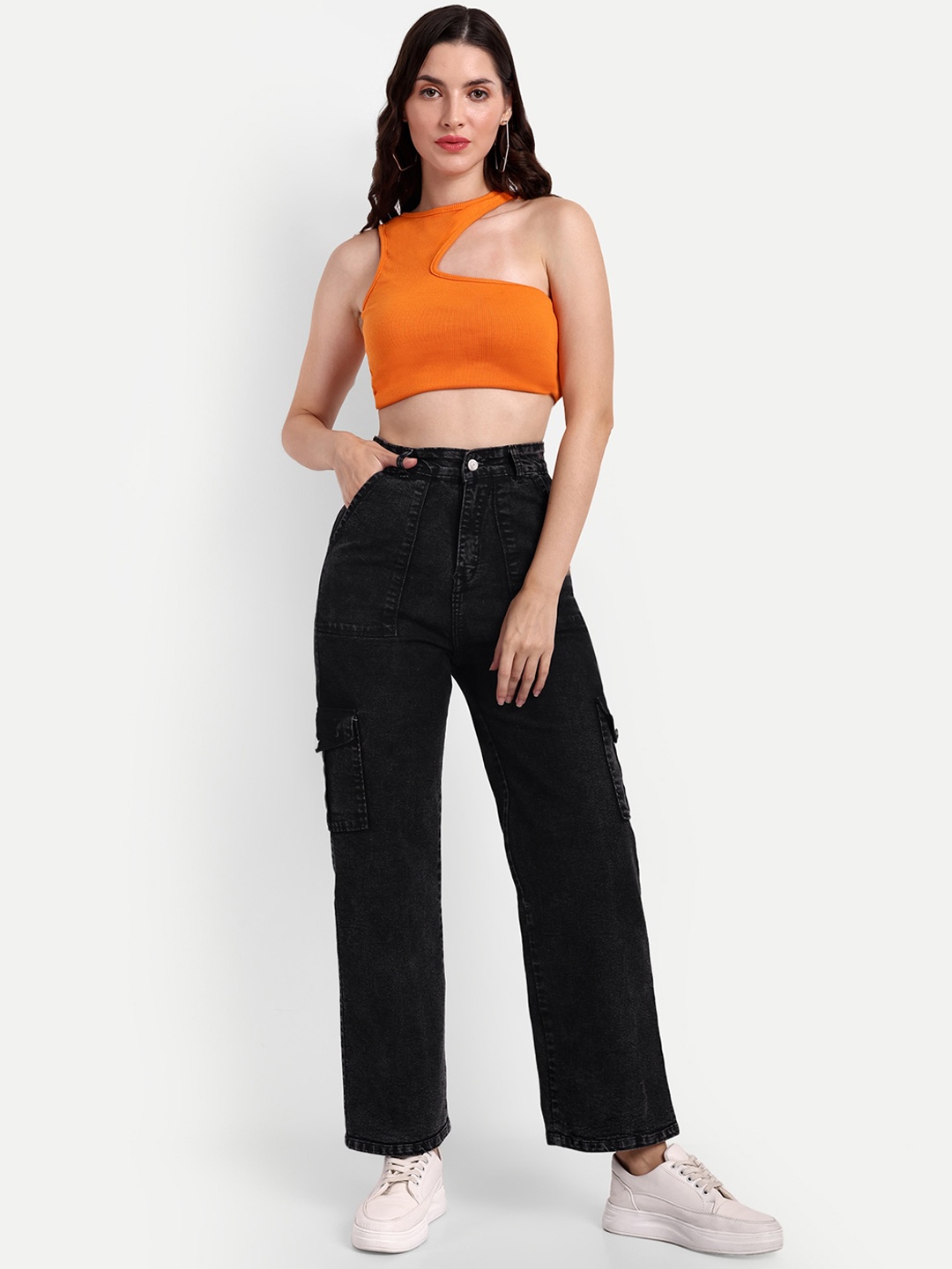 

Next One Women Smart Wide Leg High-Rise Stretchable Cargo Jeans, Black