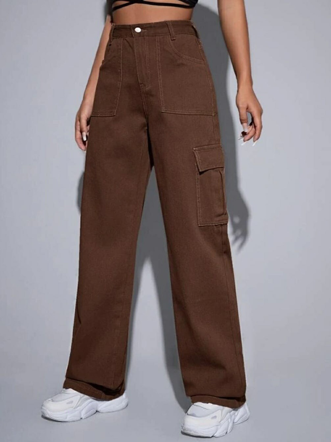 

Next One Women Smart Straight Fit High-Rise Stretchable Cargo Jeans, Brown