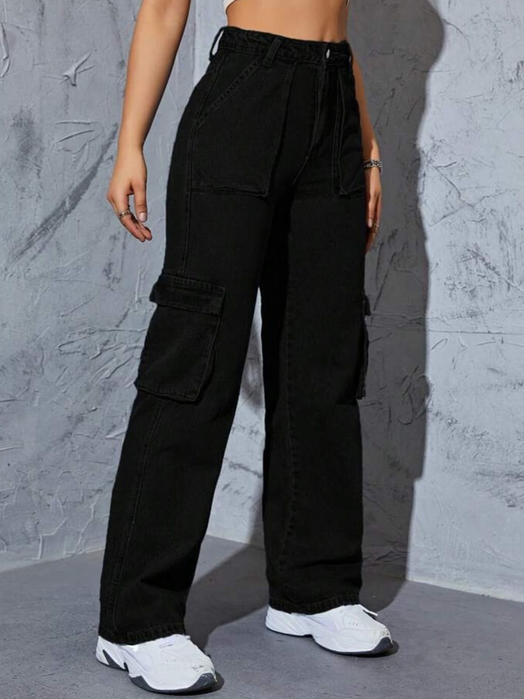 

Next One Women Black Smart Wide Leg High-Rise Mildly Distressed Stretchable Jeans