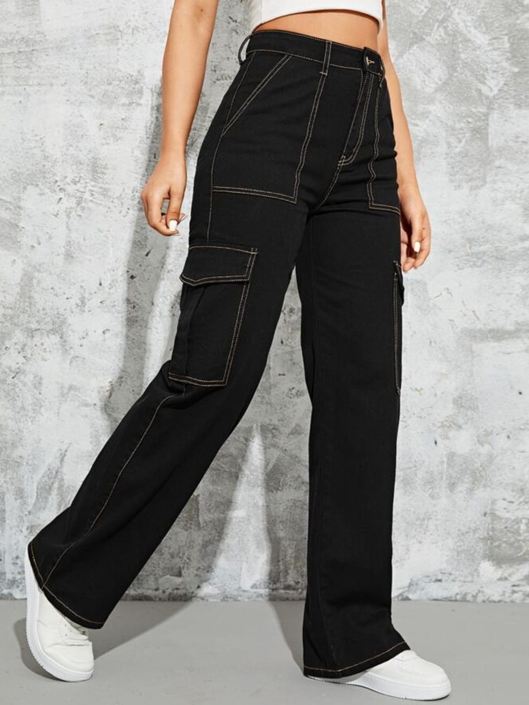 

Next One Women Black Smart Wide Leg High-Rise Mildly Distressed Stretchable Jeans