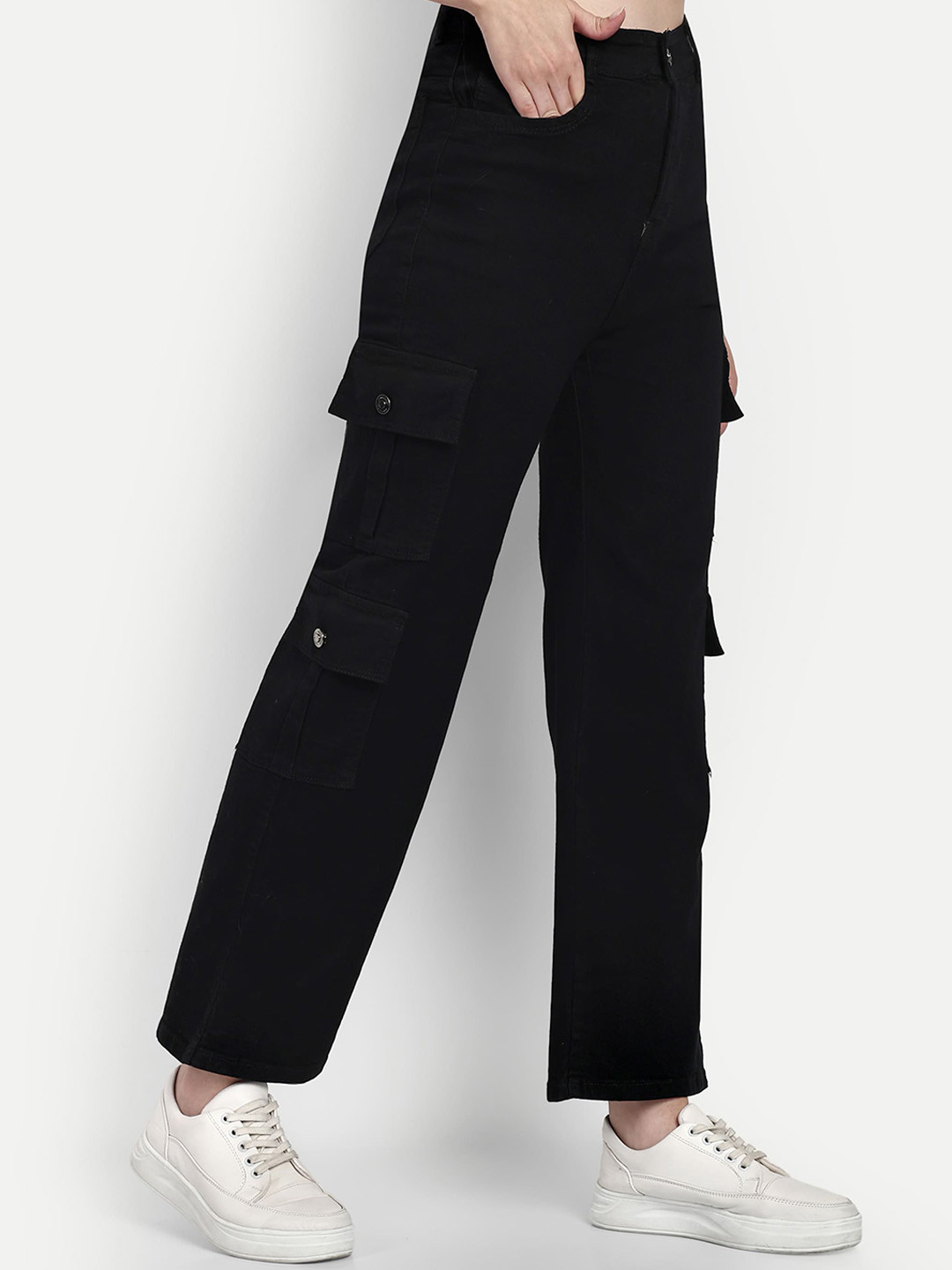 

Next One Women Smart Wide Leg High-Rise Stretchable Cargo Jeans, Black
