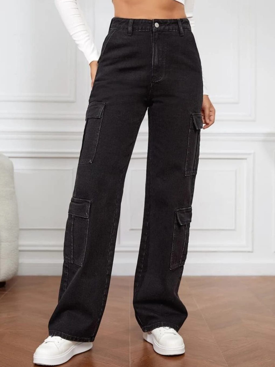 

Next One Women Smart Wide Leg High-Rise Stretchable Cargo Jeans, Black