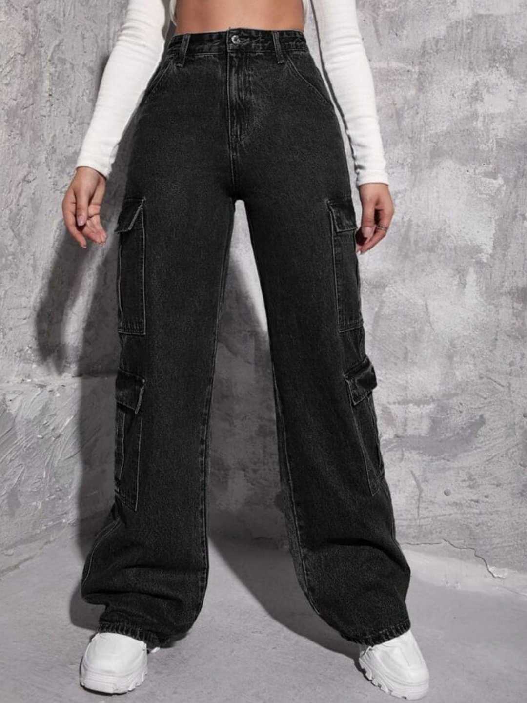 

Next One Women Smart Wide Leg High-Rise Stretchable Cargo Jeans, Black