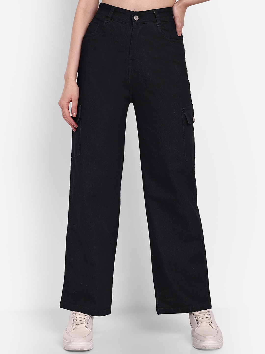 

Next One Women Smart Wide Leg High-Rise Stretchable Cargo Jeans, Black
