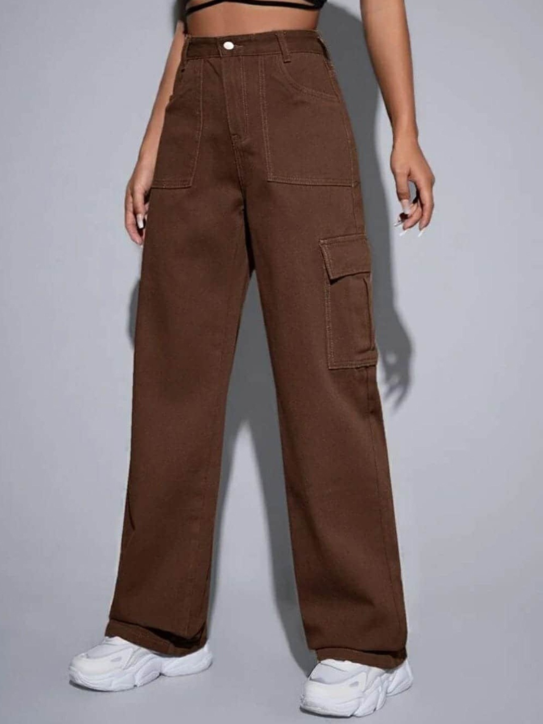 

Next One Women Smart Wide Leg High-Rise Stretchable Cargo Jeans, Brown