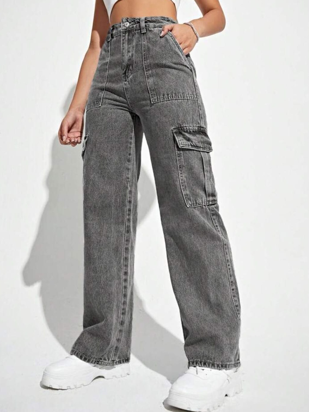 

Next One Women Smart Wide Leg High-Rise Stretchable Cargo Jeans, Grey