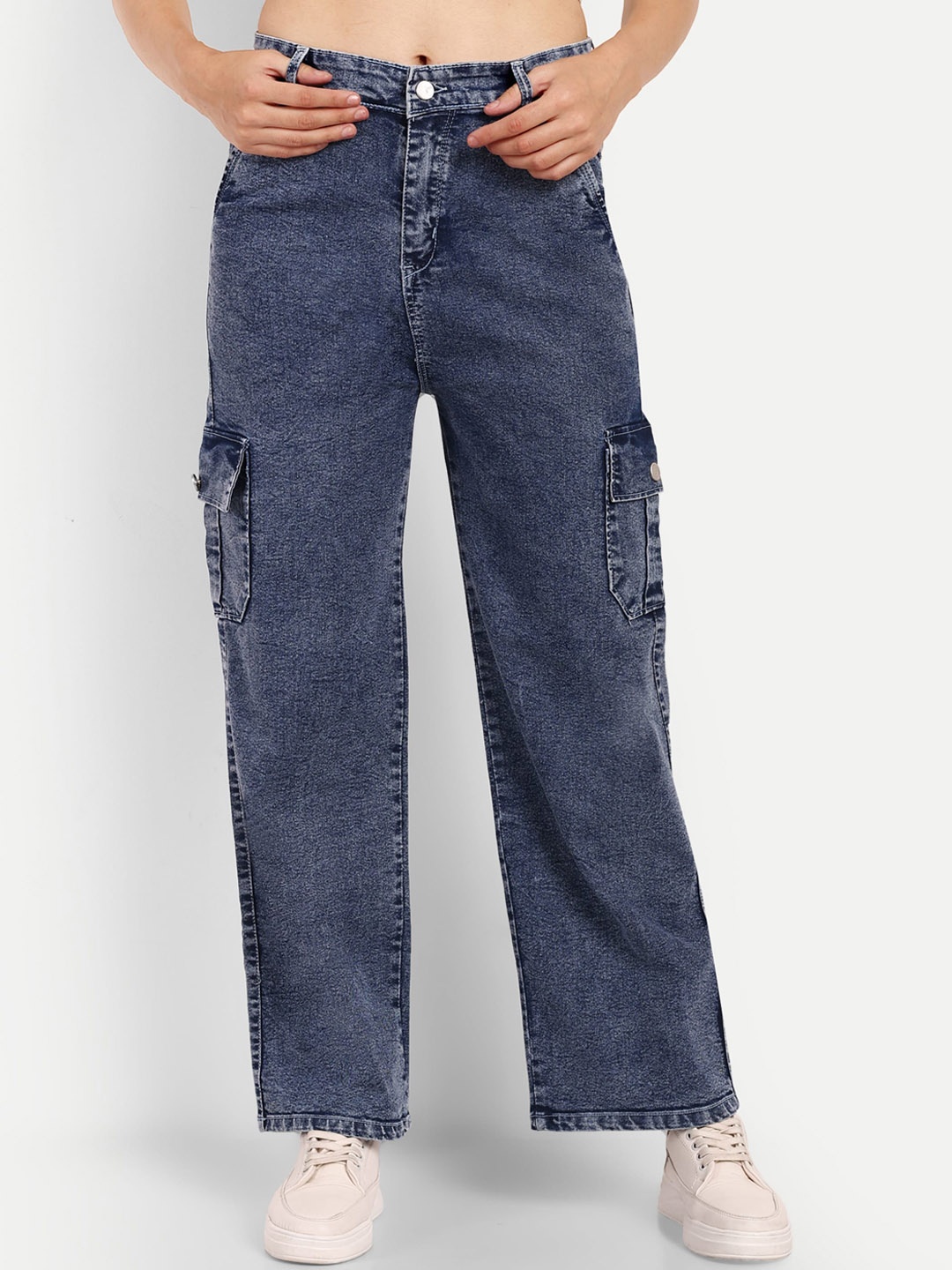 

Next One Women Smart Wide Leg High-Rise Heavy Fade Stretchable Cargo Jeans, Blue