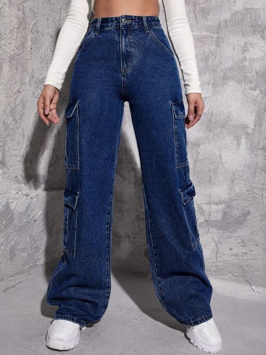 

Next One Women Smart Wide Leg High-Rise Light Fade Stretchable Cargo Jeans, Blue