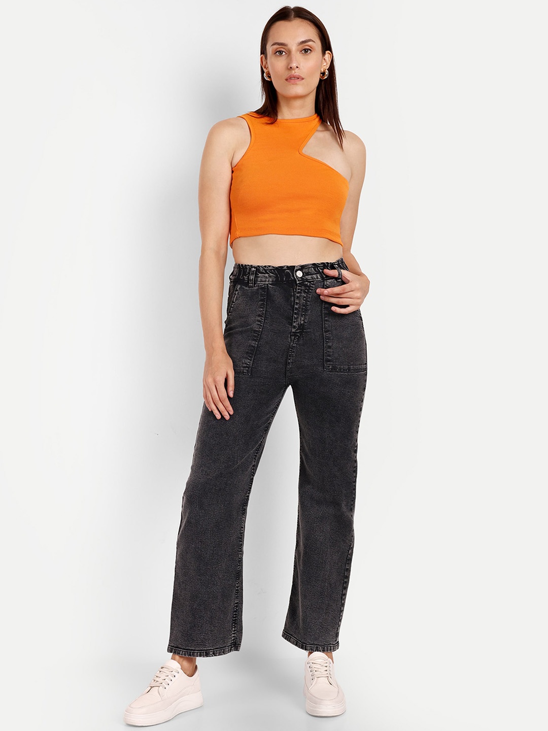 

Next One Women Smart Wide Leg High-Rise Heavy Fade Stretchable Jeans, Black