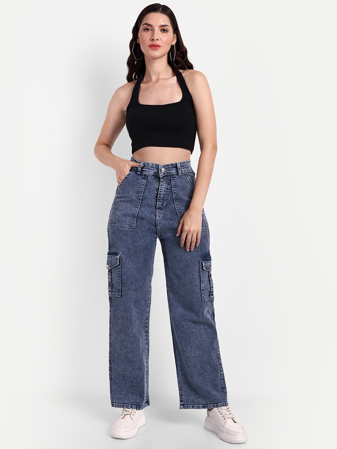

Next One Women Smart Wide Leg High-Rise Stretchable Cargo Jeans, Blue