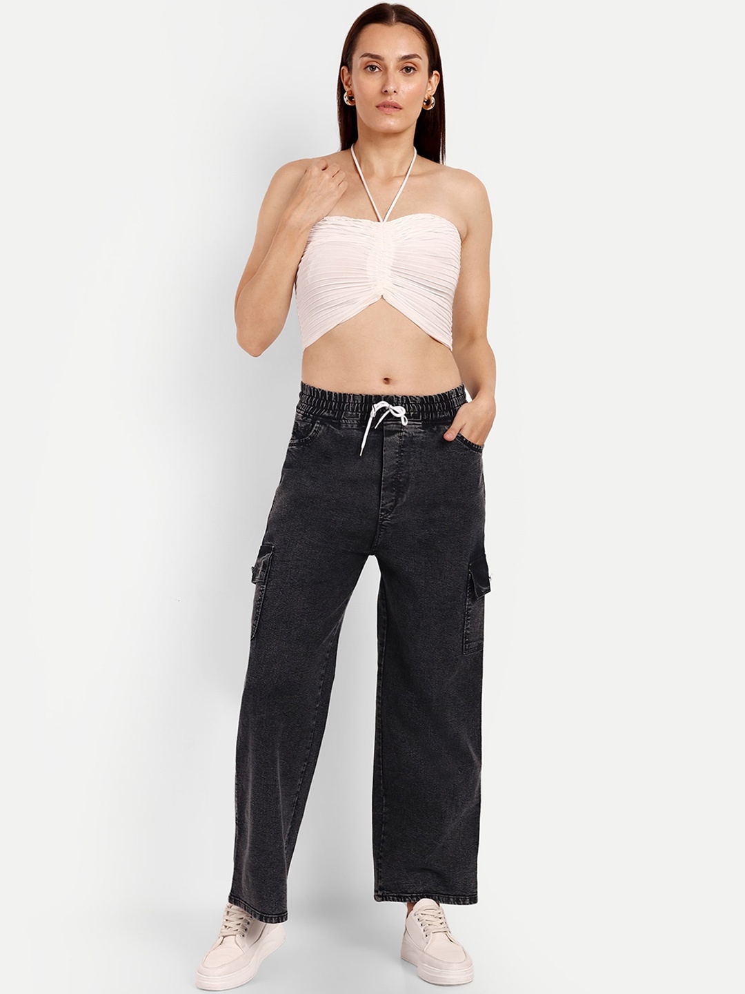 

Next One Women Smart Wide Leg High-Rise Stretchable Cargo Jeans, Black