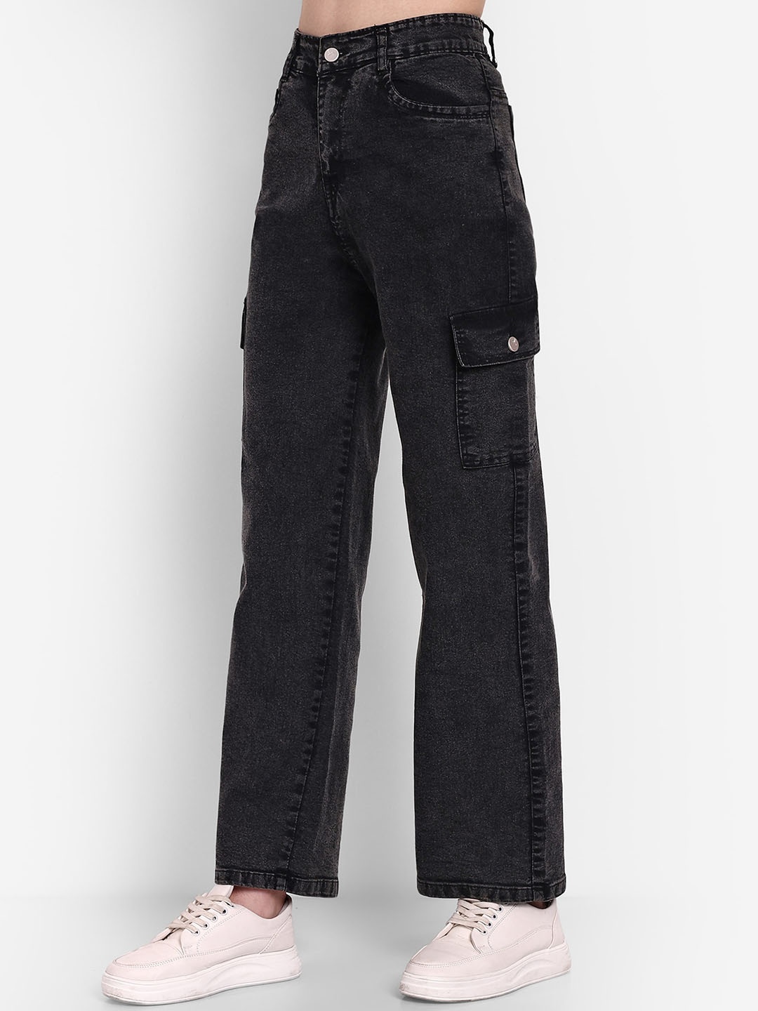

Next One Women Smart Wide Leg High-Rise Stretchable Cargo Jeans, Black