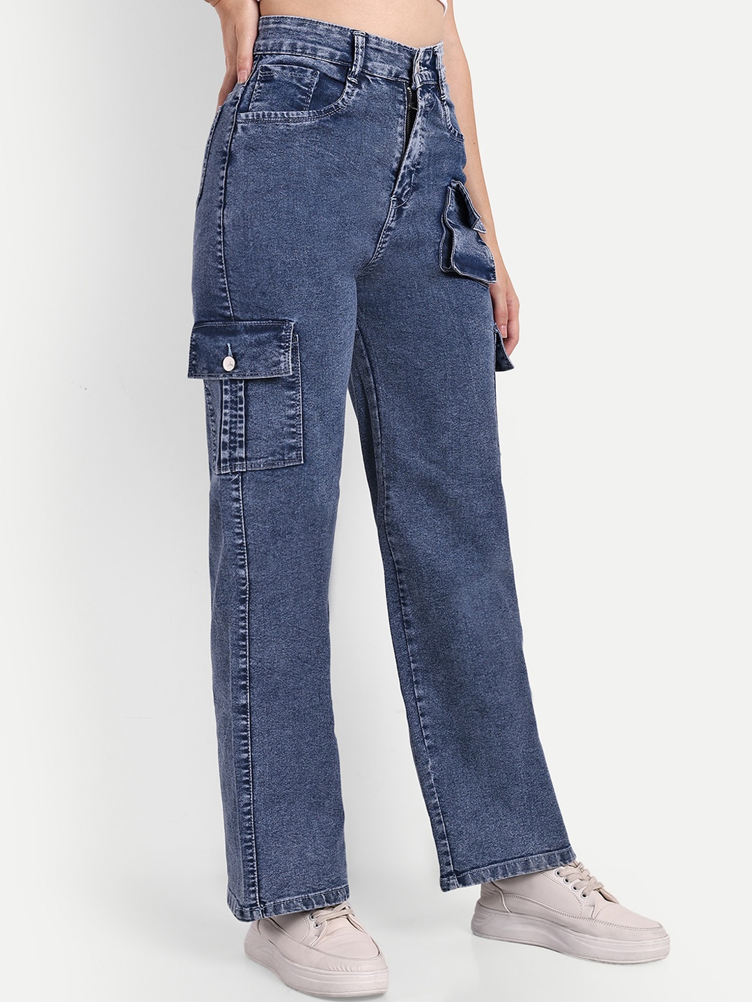 

Next One Women Smart Wide Leg High-Rise Stretchable Cargo Jeans, Blue