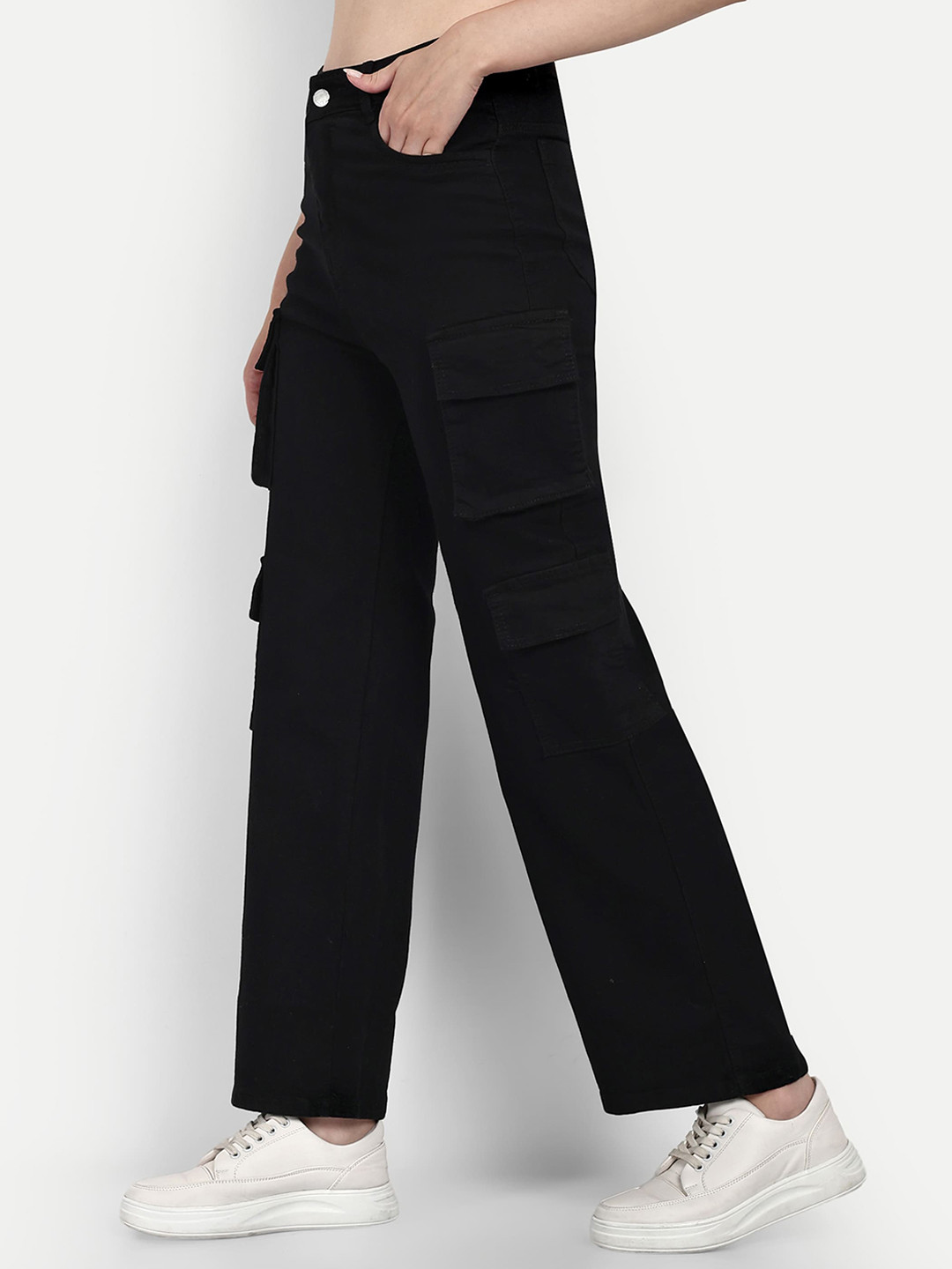

Next One Women Black Smart Wide Leg High-Rise Clean Look Stretchable Jeans
