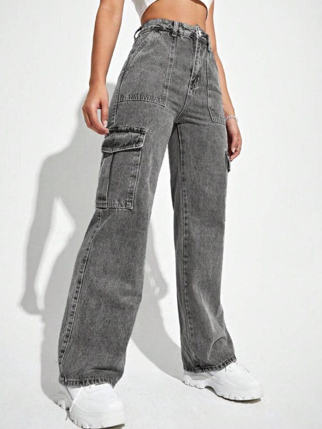 

Next One Women Smart Wide Leg High-Rise Highly Distressed Stretchable Jeans, Grey