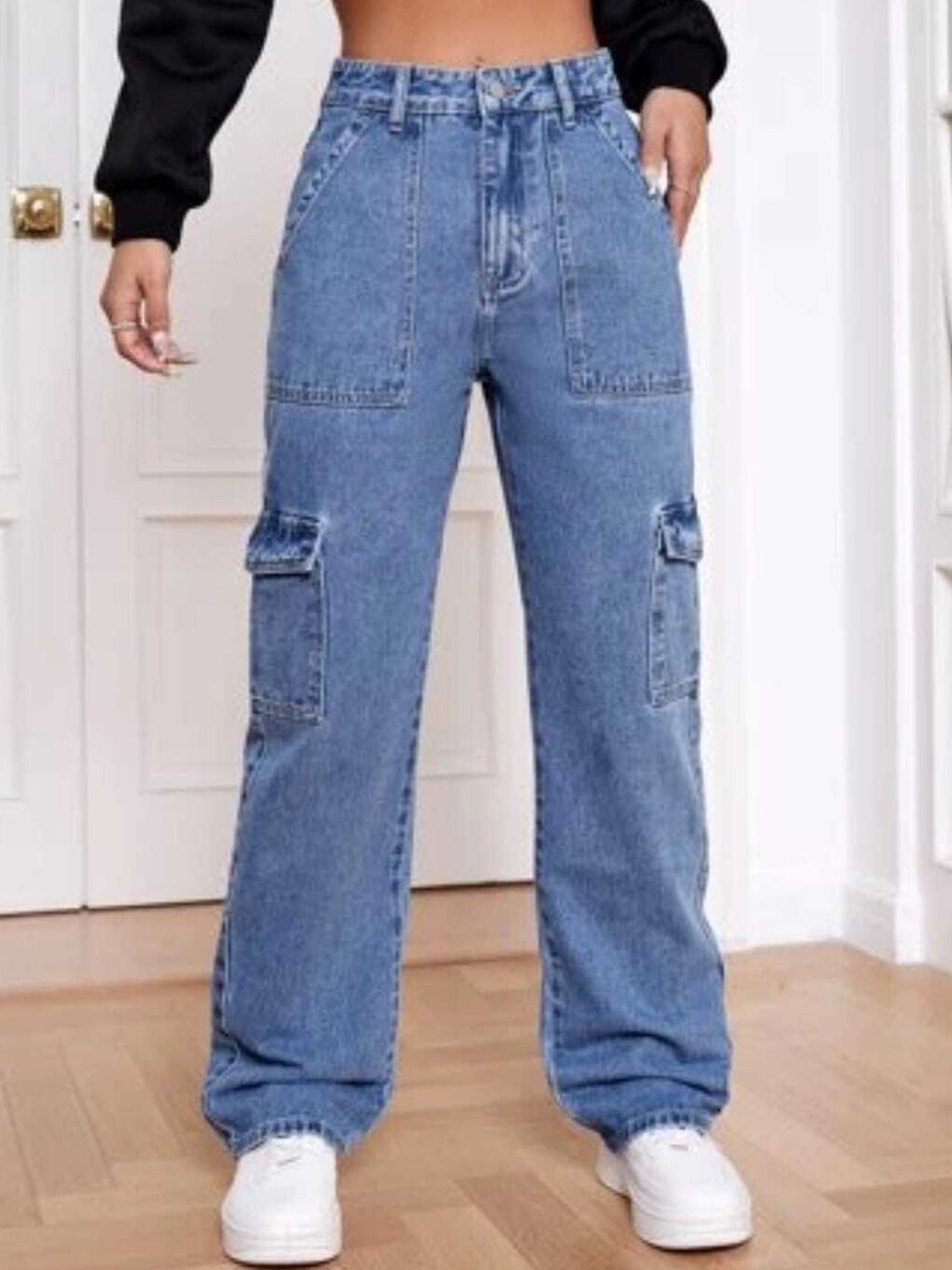 

Next One Women Smart Wide Leg High-Rise Low Distress Stretchable Jeans, Blue