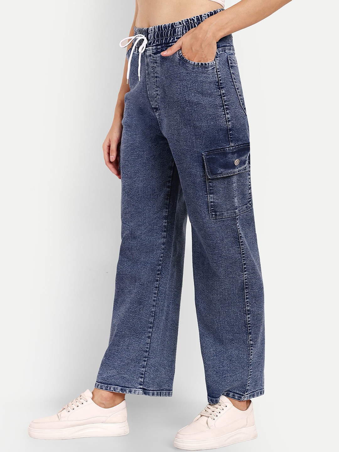 

Next One Women Smart Wide Leg High-Rise Stretchable Cargo Jeans, Blue