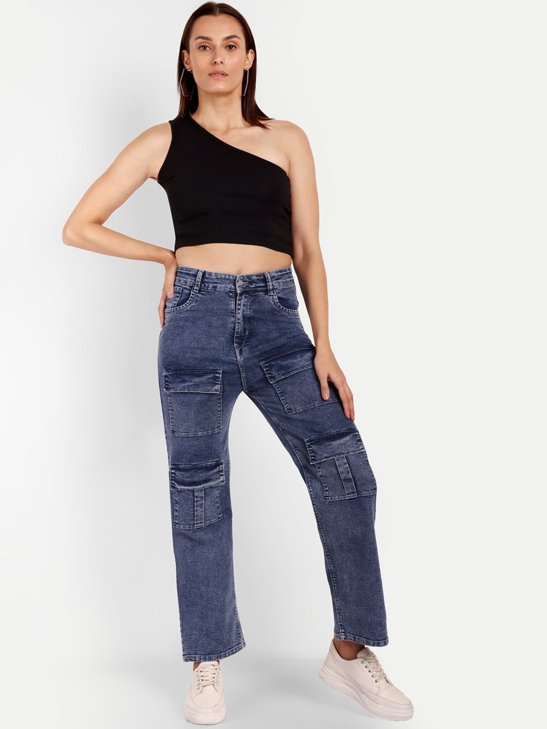 

Next One Women Smart Wide Leg High-Rise Heavy Fade Stretchable Cargo Jeans, Blue